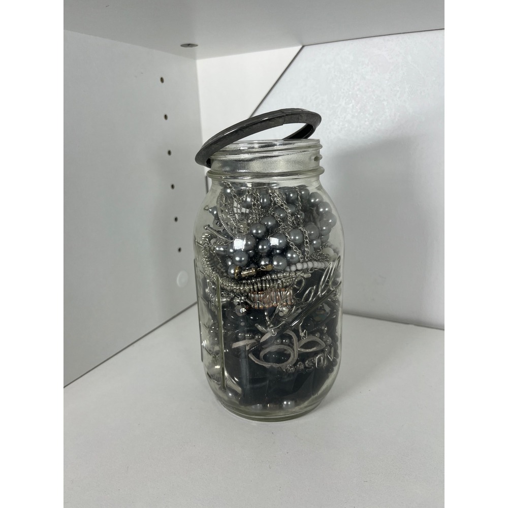 Black and Silver Tone‎ Mixed Costume Jewelry Lot in Mason Jar Assorted Bundle - Picture 2 of 8